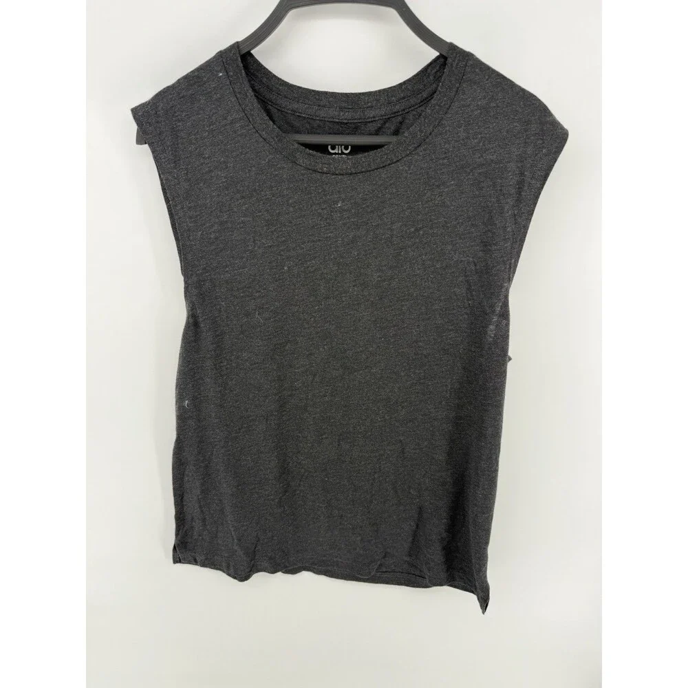 Alo Women Basic Sleeveless Crew Neck Gray Cotton Blend T-Shirt Size M